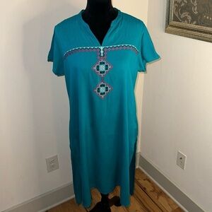 Morpankh turquoise embroidered short sleeves side slits pull over Boho dress XL